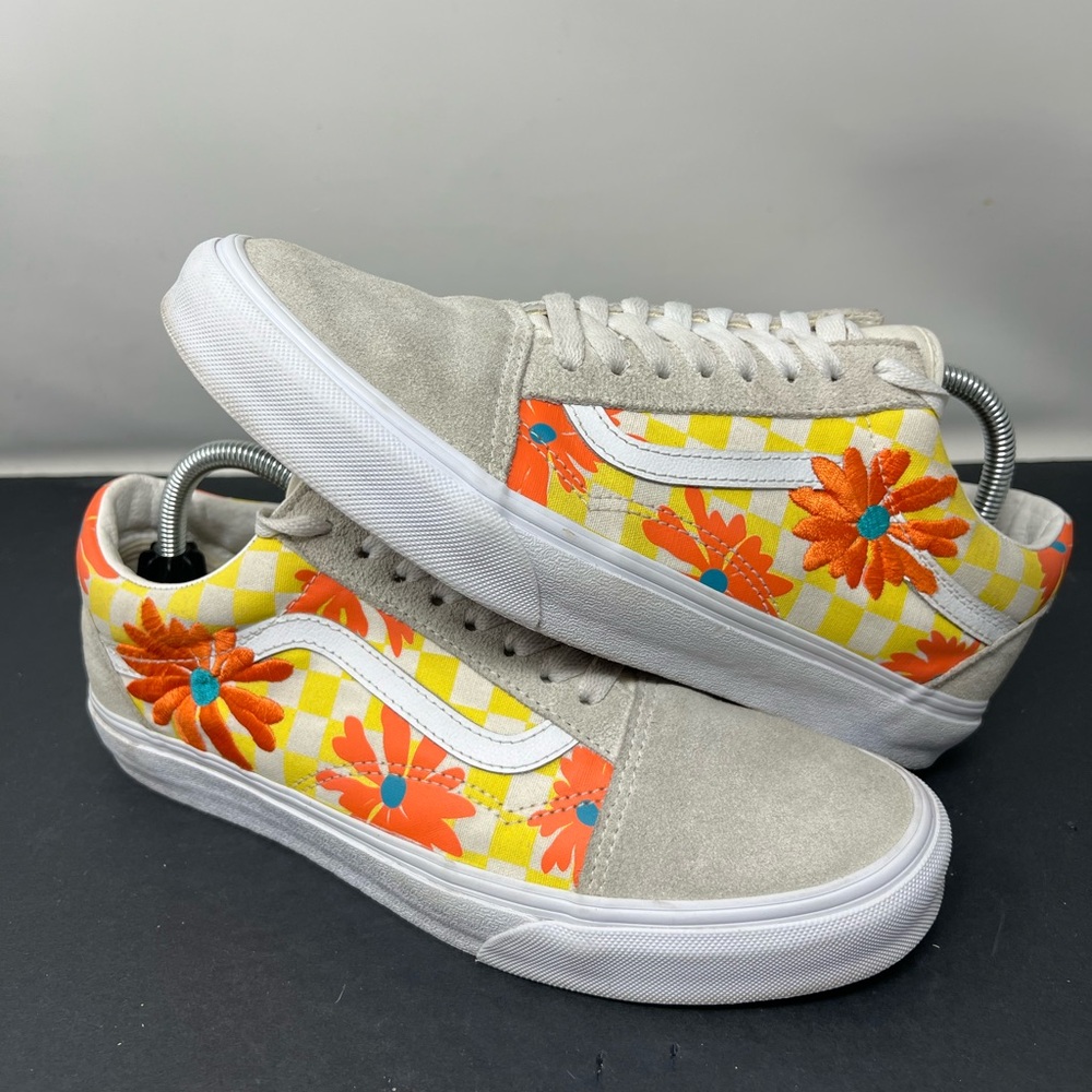 VANS Old Skool Blue/Orange Floral  Women’s Size 10.5 Mens 9 Tan Leather